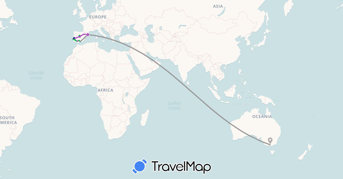 TravelMap itinerary: driving, bus, plane, train in Australia, Spain, Portugal (Europe, Oceania)